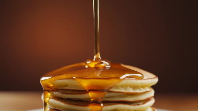 l close-up pancakes with maple syrup pouring in slow motion, warm studio lighting, breakfast commercial style, stock footage, commercial use, no people, no text, no logo, clean background, smooth came