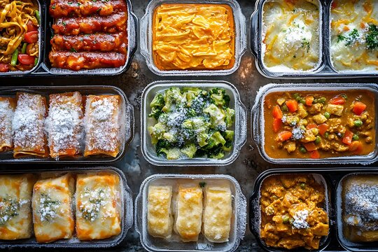 Frozen ready meals displayed with frost-covered dishes like lasagna, curry, and stir-fries, organized in an attractive layout.