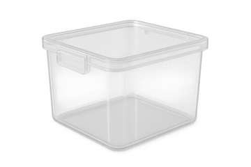 Clear plastic food storage container with lid, empty, for kitchen organization and meal prep against transparent background