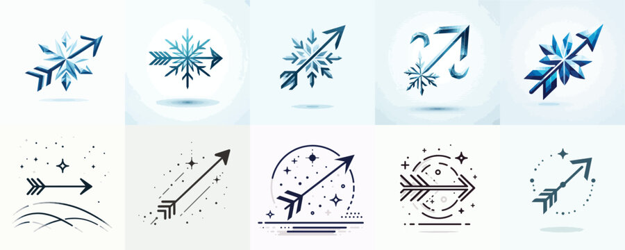 Sagittarius zodiac arrow symbol with various different designs and styles. Vector, minimalist, illustration, icon set.