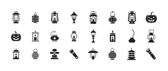 Fototapeta premium Set of lamp icons, lantern icon set, light icon pack, flashlight, street lamp, pumpkin light, candle, ghost light
