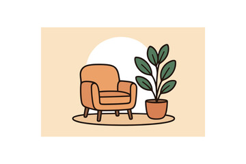 Flat vector illustration of quiet corner with chair and plant soft rounded shapes clean outline wellness and mindfulness style