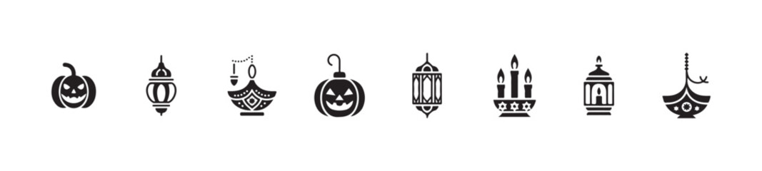 Set of halloween pumpkins, traditional lanterns, and festive light icons, holiday celebration elements