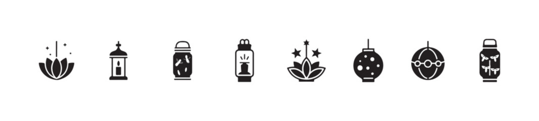 Set of lotus flower, candle lanterns, and decorative ball lights, spiritual and festive lighting icons