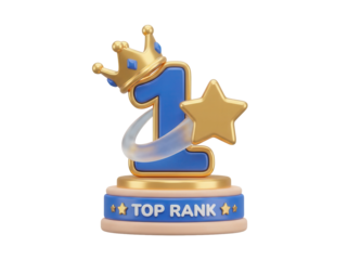 A 3D icon of a ranking icon with a number one, representing a top position and a leader, with a star for a championship.