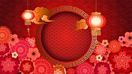 Red Chinese New Year background with lanterns, golden clouds, and floral patterns.