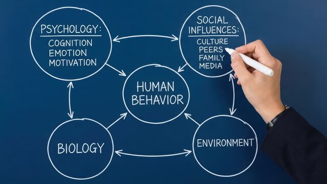 a conceptual diagram of human behavior, showing how psychology, biology, social influence, and environment are interconnected. A hand is drawing the diagram, emphasizing analysis, research, and unders