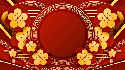 Red and gold festive background with traditional Chinese plum blossoms and circular patterns.