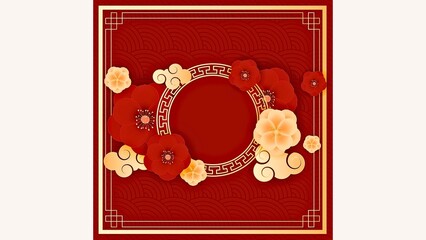 Traditional Chinese New Year background with red and gold flowers, auspicious clouds, and a central circular frame for text or image.