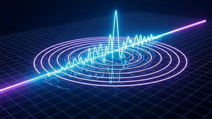 Abstract Visualization of Pulsating Energy Wave and Concentric Rings on a Digital Grid, Symbolizing Scientific Concepts of Frequency, Data, and Technology