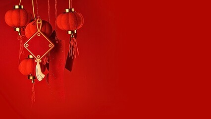 Red Chinese lanterns and traditional decorations hanging against a vibrant red background, symbolizing celebration and cultural festivities.