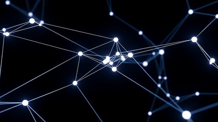 Abstract glowing network of interconnected nodes and lines on a dark background, symbolizing technology and data flow