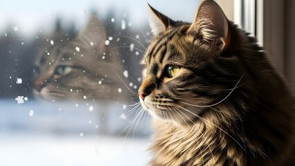 A long-haired brown tabby cat with bright green eyes gazes intently out a snowy window, its reflection visible in the glass, capturing a serene winter scene