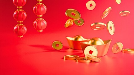 Vibrant red background with traditional Chinese lanterns, falling gold coins, and ingots symbolizing prosperity and good fortune.
