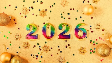 Colorful 2026 numbers with golden ornaments and festive confetti on a yellow background.