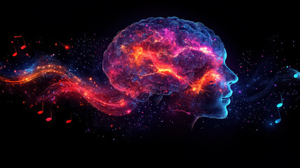 Self care and mental health concept. Human brain with vibrant melody wave and music notes, positive thinking, creative mind