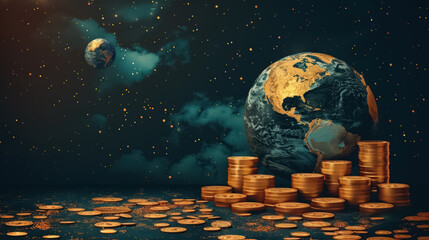 Money rules the world, golden earth globe next to gold coins