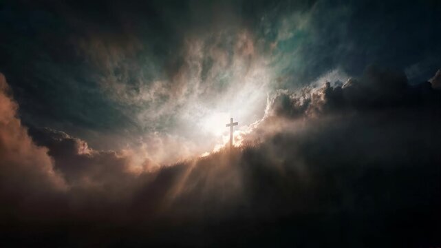 Dramatic storm clouds part to reveal distant cross bathed in light over landscape symbolizing hope redemption and powerful christian faith