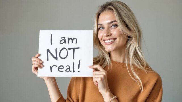 AI generated young attractive woman holds a sign with the bold claim I am not real