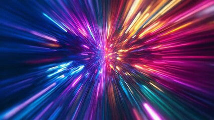 Colorful light streaks radiating from a central vanishing point, evoking hyperspace warp, high speed data streams and futuristic digital networks bursting with neon energy and motion - Powered by Adobe