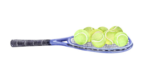 Tennis racket with tennis balls watercolor illustration