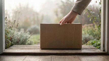 Delivery person placing cardboard package on misty morning porch near garden plants