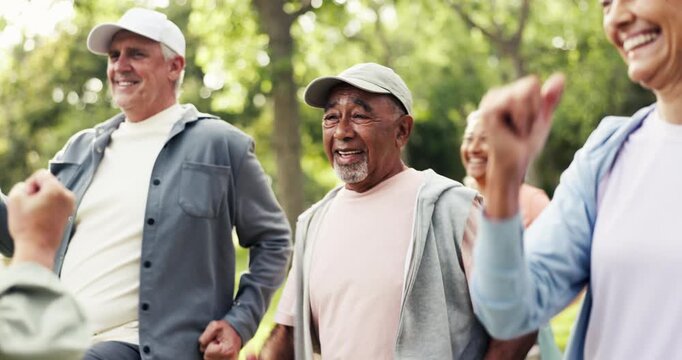 Fitness, retirement and smile of old man outdoor in park for exercise class as active group. Action, energy and wellness with happy senior people in nature for course, mobility training or workout
