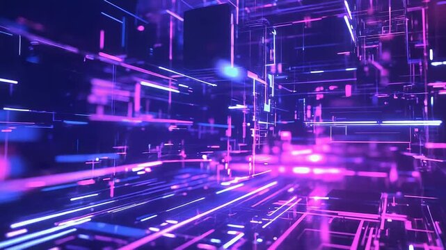 Luminous straight lines and geometric shapes creating an abstract digital network, representing technology, big data transfer, and communication system infrastructure in a futuristic virtual space