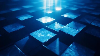 Blue abstract digital surface creating a mosaic matrix with light beams shining down, symbolizing data streaming, processing information, and future technology networking - Powered by Adobe