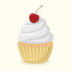 Cute delicious cupcake with cream and cherry. Dessert vector illustration.