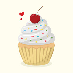 Cute delicious cupcake with cream, cherry and colourful sprinkles. Dessert vector illustration.