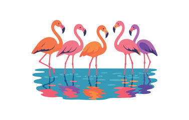 Obraz premium Flat vector illustration of colorful flamingos standing shallow water with vivid reflections rounded forms clean outline