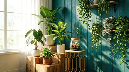 Indoor Oasis: Lush green plants, in various shapes and sizes, add life to a room, creating a serene and inviting indoor oasis, bathed in soft, natural light, creating a soothing atmosphere.
