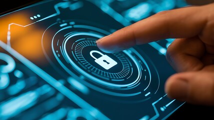 Cybersecurity concept: Finger touching a digital screen with a glowing padlock icon for security.