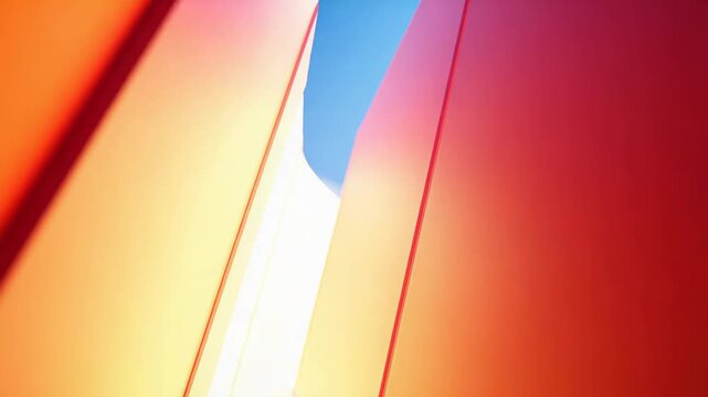 Vibrant abstract interior corridor of minimalist geometric shapes bathed in warm pastel gradient light, creating a futuristic, optimistic passage of color and perspective