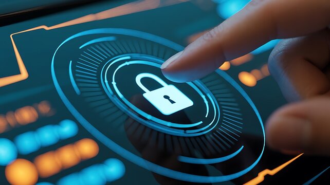 Cybersecurity concept: Finger touching a digital screen with a glowing padlock icon for security. - Powered by Adobe