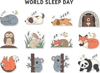 World Sleep Day Stickers Featuring Adorable Sleeping Animals