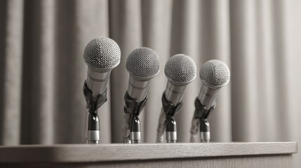 A cluster of microphones on a podium in front of a curtain