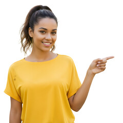 young woman wearing yellow t shirt and pointing at something