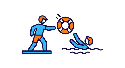lifeguard throwing lifebuoy to drowning swimmer in water flat safety icon for beach rescue emergency response and water safety posters
