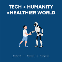 Tech and humanity working together for a healthier world, featuring a child shaking hands with a friendly robot on a blue background