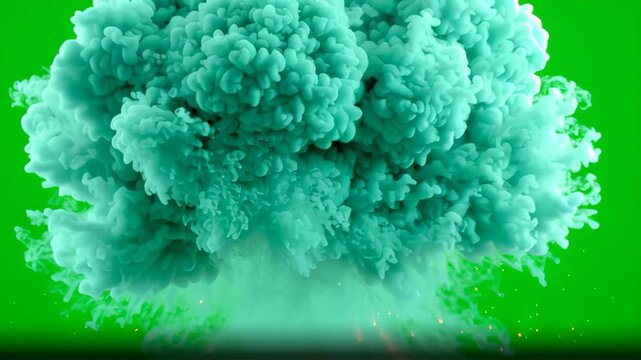 A powerful teal explosion of smoke and fiery sparks erupts from the ground against a vibrant green screen background, perfect for compositing dynamic visual effects in high-definition video footage.