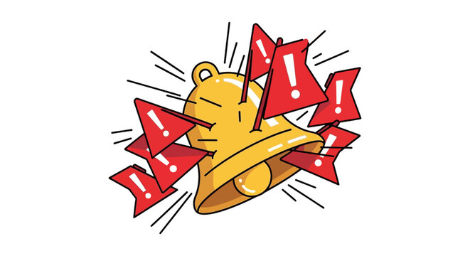 notification alert bell surrounded by red flags and warning exclamation icons concept illustration for risk error message and security alerts