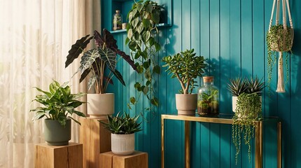 Indoor Garden Sanctuary: An array of verdant houseplant varietals thrives in a light-filled indoor setting, embodying the serenity of nature.