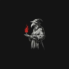 Vintage plague doctor holding a red flame torch in woodcut engraving style isolated on black background