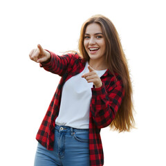 Full length portrait of nice young lady indicate finger empty space wear shirt PNG