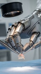 Robotic surgical arm precisely manipulating tiny biological tissue under bright focused light