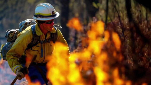 Firefighter in Protective Gear Navigates Through Wildfire Flames wildland fire firefighting