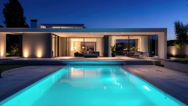 Modern luxury house with illuminated swimming pool at twilight modern house architecture