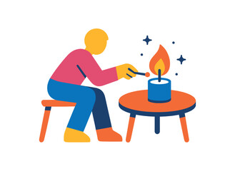 Flat vector illustration of colorful person lighting candle on coffee table bold flame and tiny sparkle dots rounded shapes clean outline clean white background